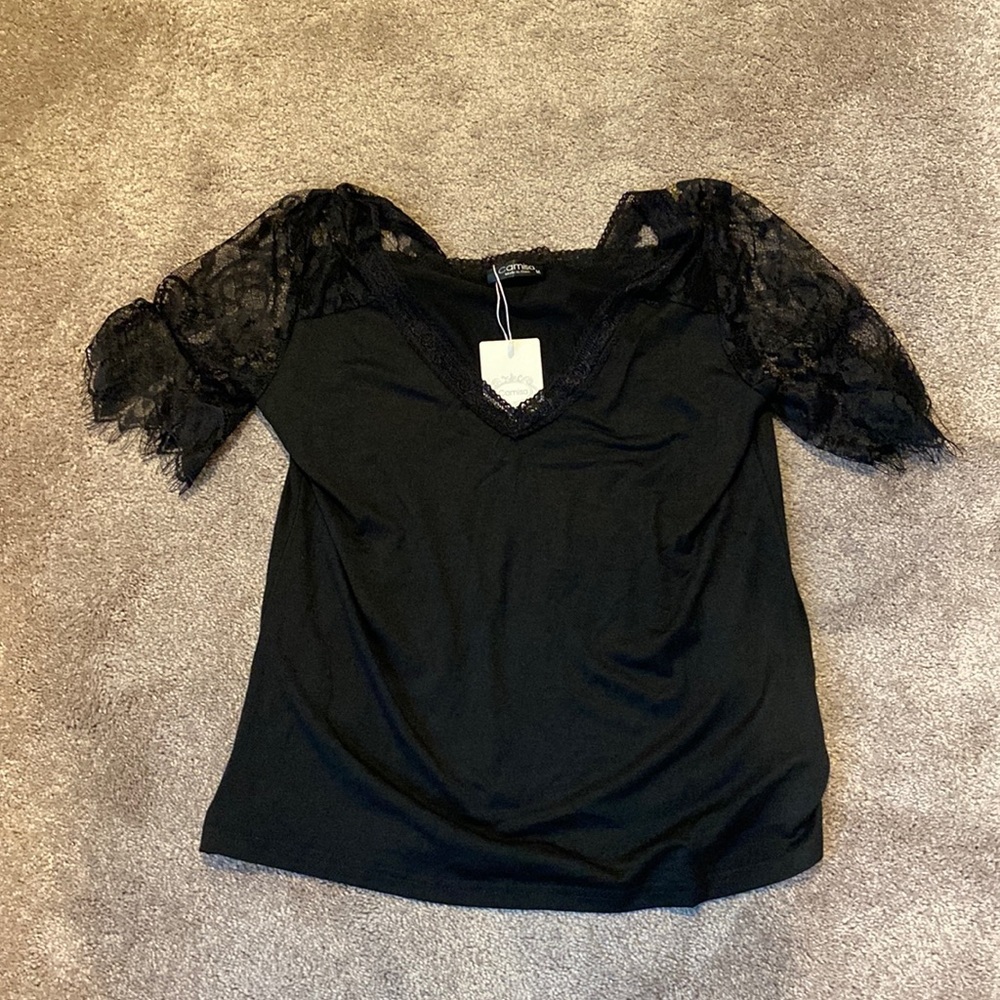 Camisa Black Lace Puff Sleeve V Neck Blouse Sheer Sleeve Dressy Top SIZE M